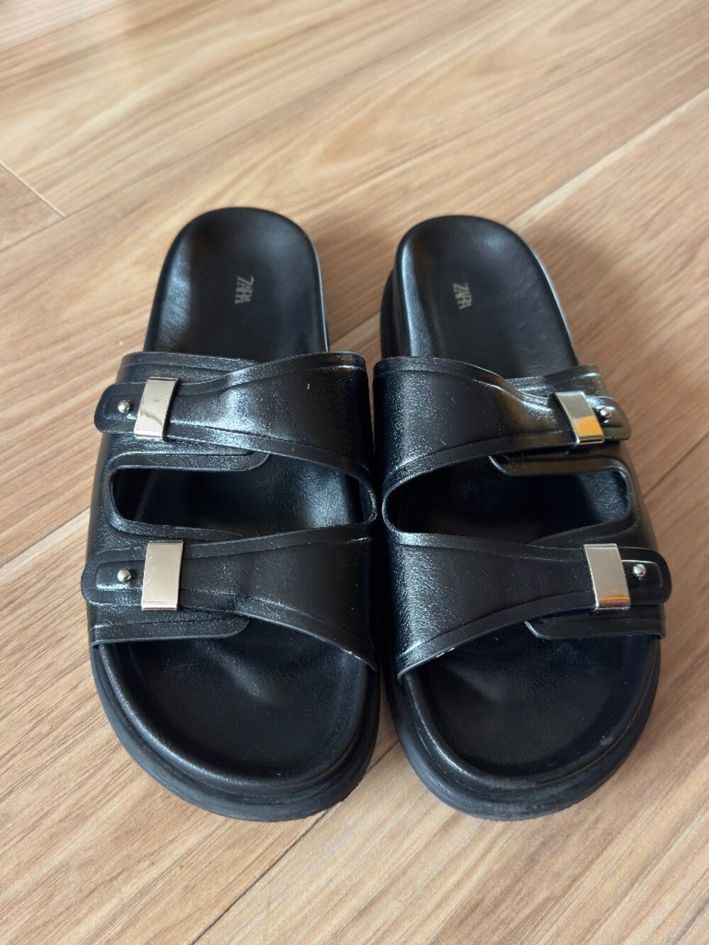 Zara Black Falat Sandal w/ Silver Buckles - Women's 40
